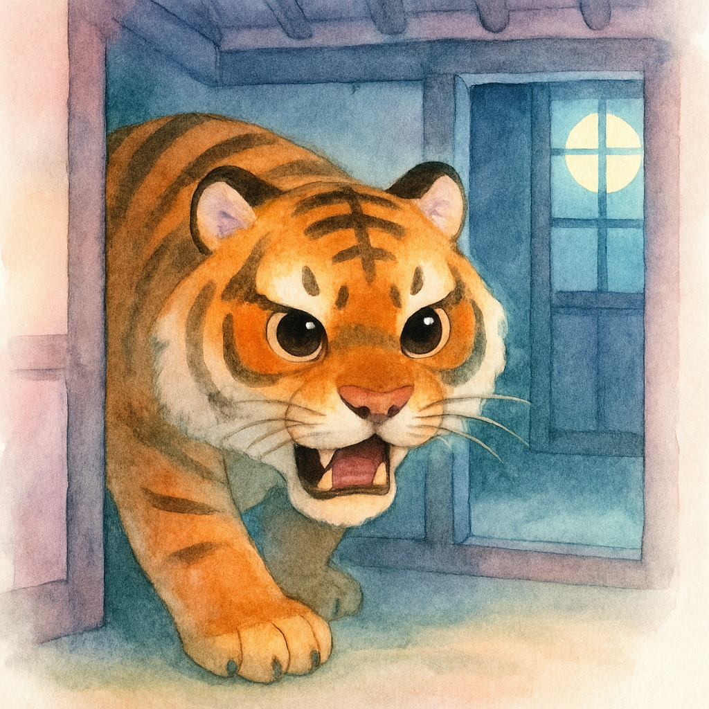 어두운 밤, 호랑이가 으르렁거리며 할머니 집에 들어오는 장면